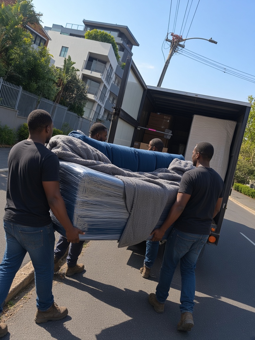 Movers carrying a padded sofa for a fine furniture move