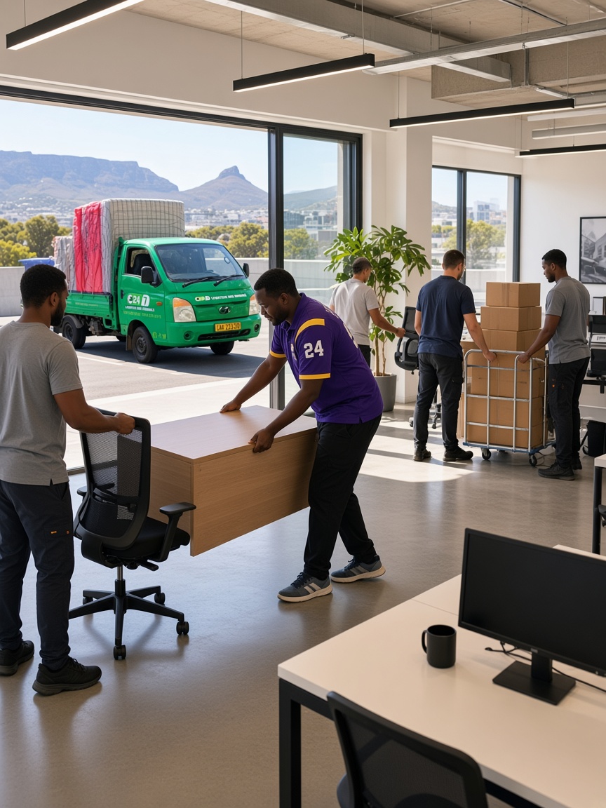 Office desks, chairs, and equipment being relocated