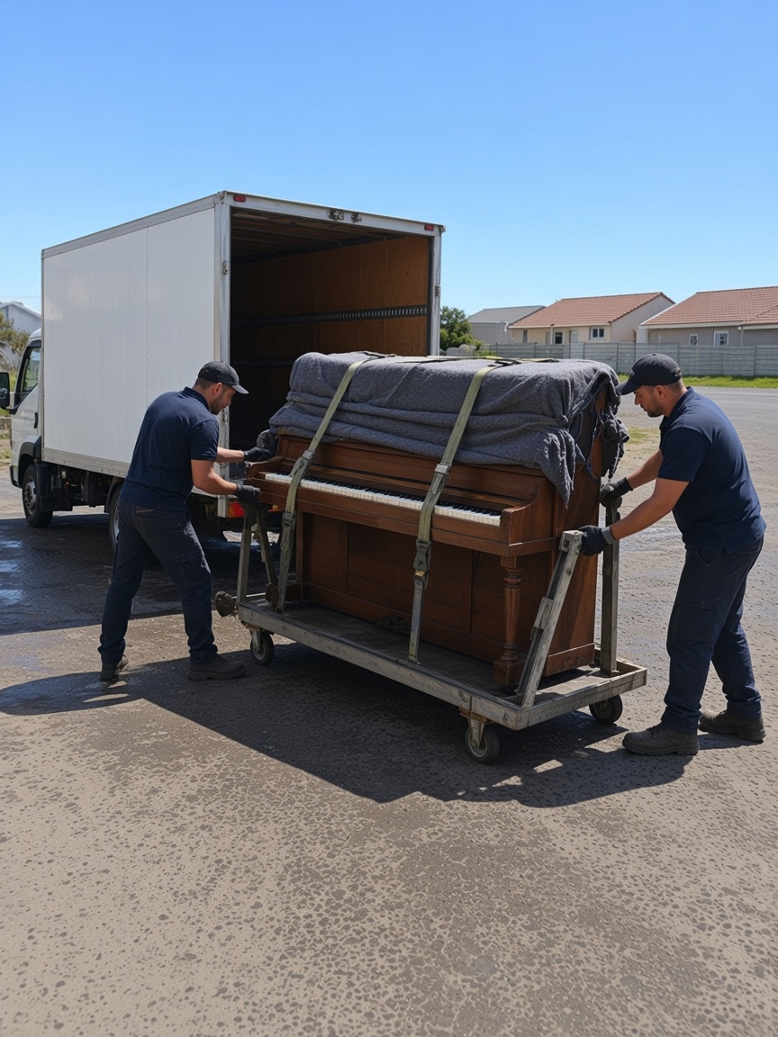 Specialist movers transporting an upright piano on a dolly